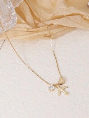 Gold Travel Airplane Heart Necklace Crystal Charm Pendant Gift for Her